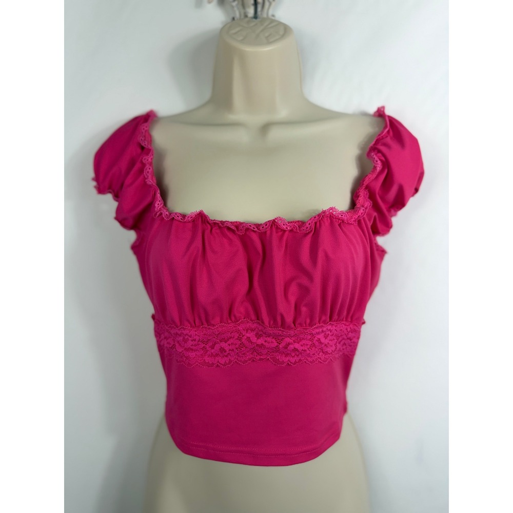 Women's Milkmaid Top S Pink Lace‎ Trim Puffy Sleeve Coquette Y2K Peasant Shein